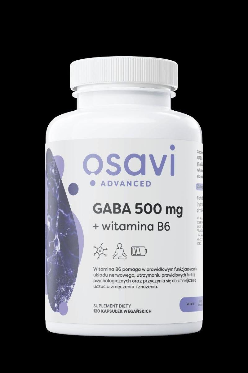 Osavi GABA 500 mg with Vitamin B6 supplement bottle, 120 vegetarian capsules for cognitive support.