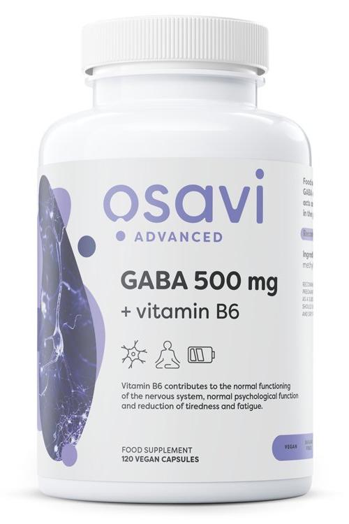 Osavi GABA 500mg + Vitamin B6 supplement, 120 vegan capsules promoting relaxation and reducing fatigue.