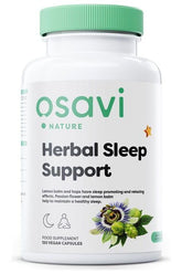 Osavi Herbal Sleep Support supplement bottle for better sleep and relaxation, featuring lemon balm and passion flower.