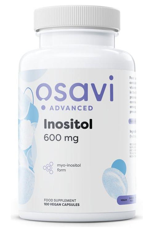 Osavi Inositol 600mg supplement bottle, 100 vegan capsules for glucose management and hormonal balance.