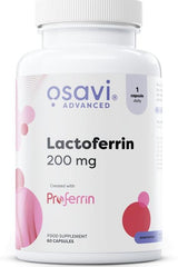 Osavi Lactoferrin 200 mg supplement bottle, 60 vegetarian capsules for improved iron absorption and immune support.