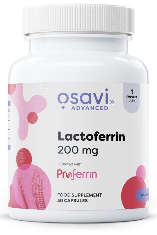 Osavi Lactoferrin 200 mg dietary supplement bottle with 30 capsules for improved iron absorption and immune support.