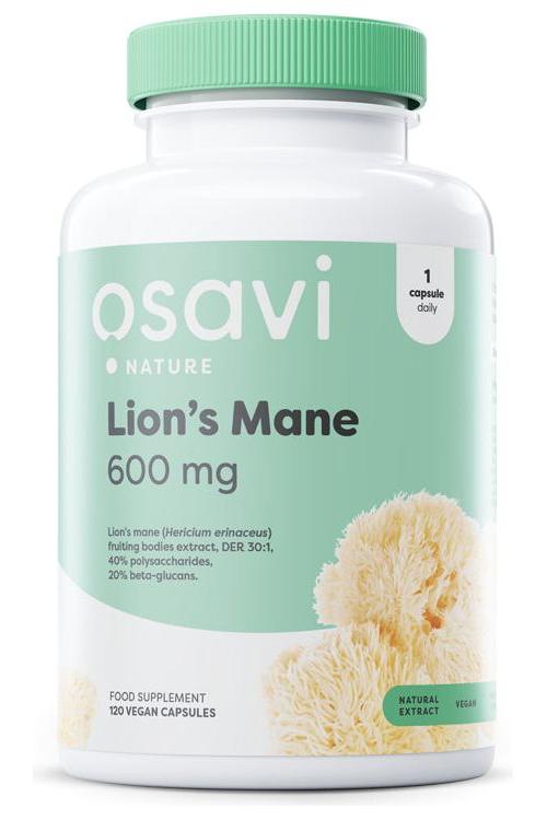 Osavi Lion's Mane 600mg supplement bottle with 120 vegan capsules for brain health and mood support.
