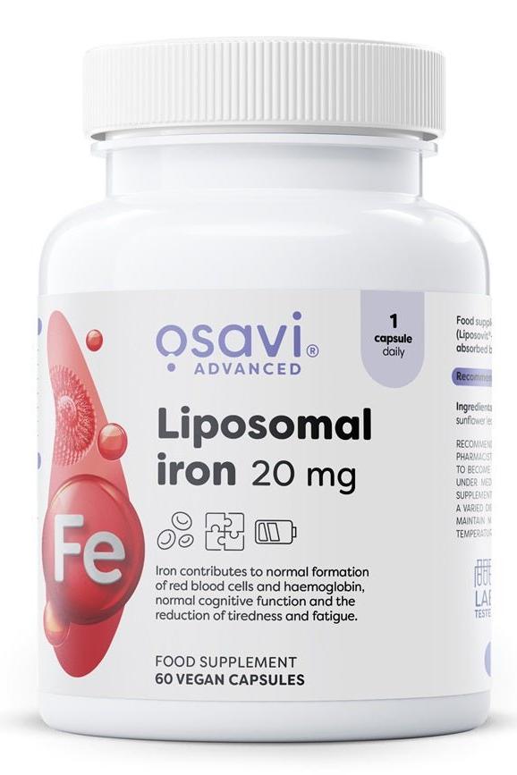 Osavi Liposomal Iron supplement bottle, 20 mg, 60 vegan capsules, supports red blood cell formation and energy metabolism.