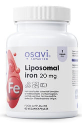 Osavi Liposomal Iron supplement bottle, 20 mg, 60 vegan capsules, supports red blood cell formation and energy metabolism.
