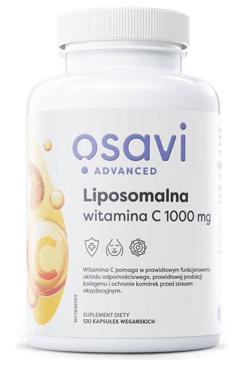 Osavi Liposomal Vitamin C 1000 mg supplement bottle, 120 vegan capsules for immune support and skin health.