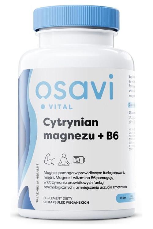 Osavi Magnesium Citrate + B6 dietary supplement, promoting muscle health and reducing fatigue in vegan capsules.