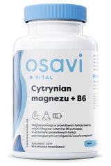 Osavi Magnesium Citrate + B6 dietary supplement, promoting muscle health and reducing fatigue in vegan capsules.