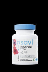 Osavi Methylfolate 600 mcg dietary supplement bottle with a blue lid, supporting cell division and immunity.