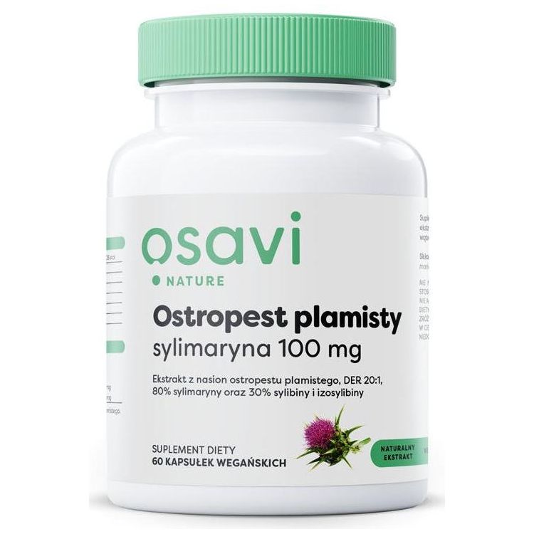 Osavi Milk Thistle supplement bottle, featuring 100mg silymarin in a vegan capsule format.
