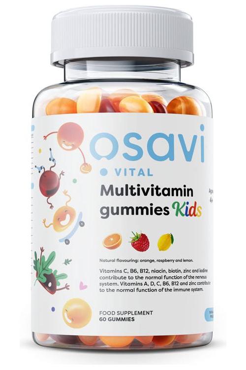 Osavi Multivitamin Gummies for Kids in a clear bottle, featuring orange, raspberry, and lemon flavors, 60 gummies.