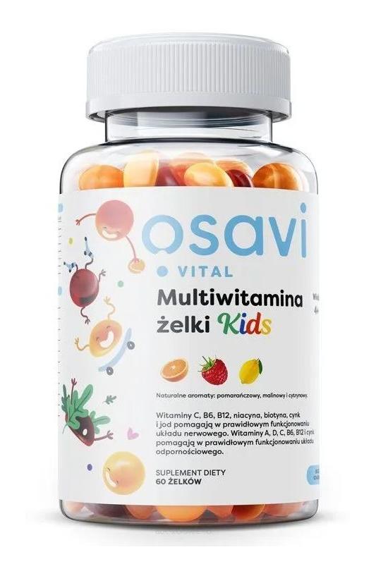 Osavi Multivitamin Kids in a clear bottle filled with colorful gummy vitamins for children.