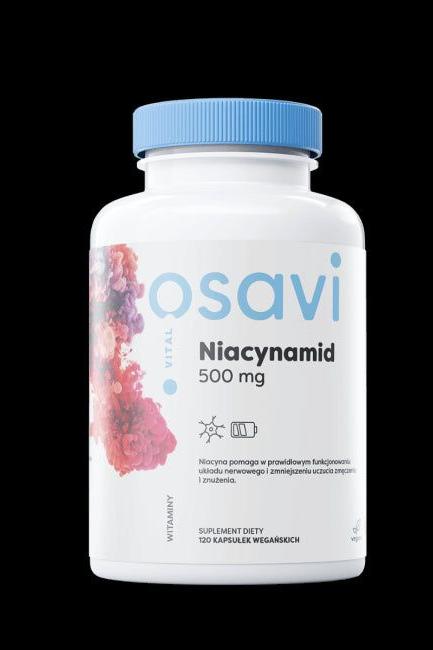 Osavi Niacinamide 500 mg dietary supplement bottle with 120 easy-to-swallow capsules, supports nerve function.