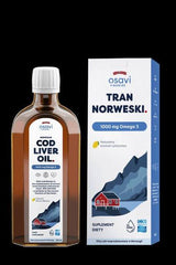 Osavi Norwegian Cod Liver Oil with lemon flavor, 1000 mg Omega 3, 250 ml bottle and packaging.