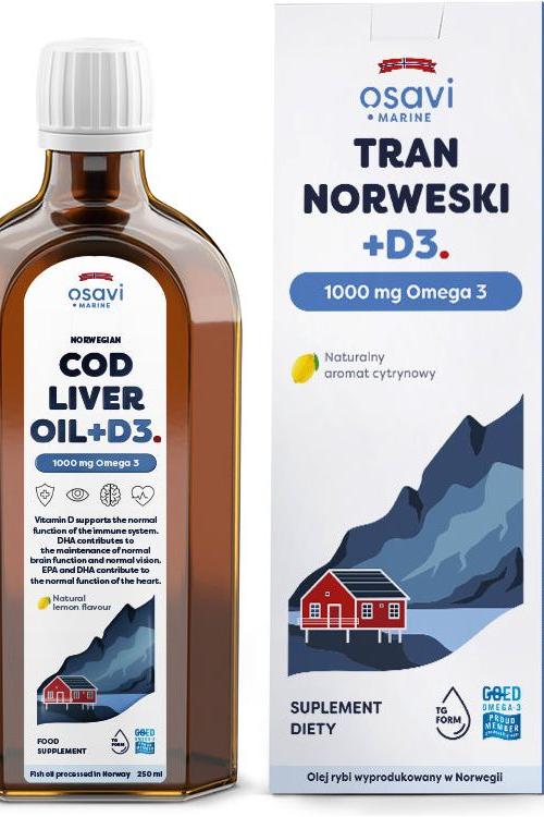 Osavi Norwegian Cod Liver Oil +D3 with 1000 mg Omega 3 in lemon flavor, 250 ml bottle and packaging.