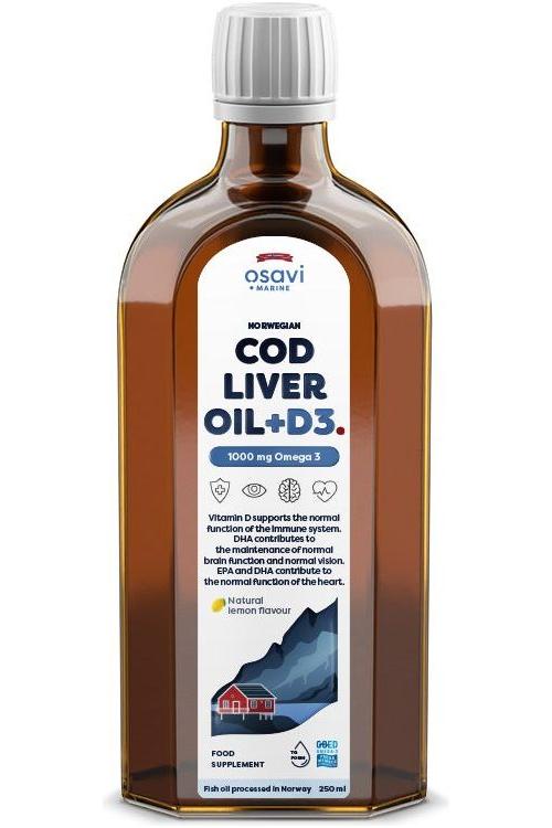 Osavi Norwegian Cod Liver Oil with D3 in a bottle, promoting brain and heart health, 1000 mg Omega-3.