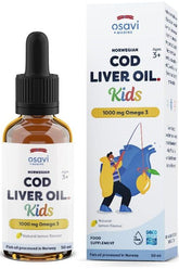 Osavi Norwegian Cod Liver Oil for Kids, 1000 mg Omega 3, natural lemon flavor, 50 ml supplement.