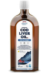 Osavi Norwegian Cod Liver Oil bottle, 1000 mg Omega-3, supports brain function and heart health, lemon flavor.