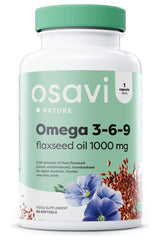 Osavi Omega 3-6-9 flaxseed oil supplement, 1000 mg, 60 softgels with cold-pressed flaxseed extract.