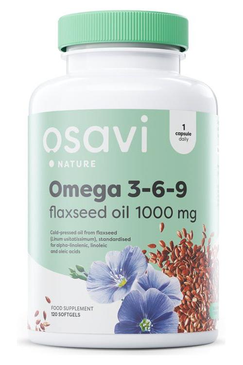Osavi Omega 3-6-9 flaxseed oil 1000 mg bottle, cold-pressed essential fatty acids supplement.