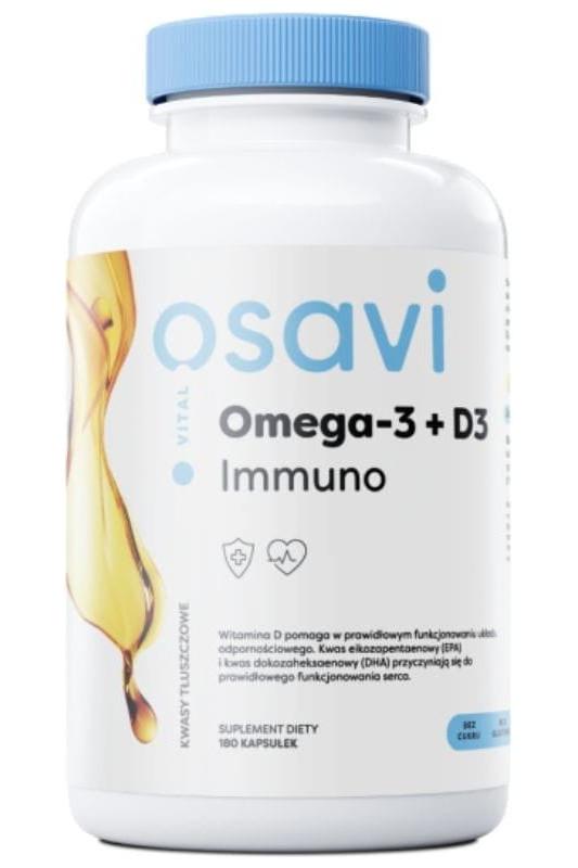 Osavi Omega-3 + D3 Immuno dietary supplement in a bottle, contains 180 capsules for heart and immune health.