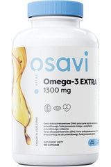 Osavi Omega-3 EXTRA dietary supplement bottle featuring fish oil in soft capsules, promoting heart and brain health.