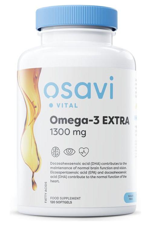 Osavi Omega-3 Extra supplement bottle with 1300 mg DHA for brain and heart health support.