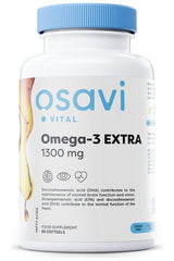 Osavi Omega-3 Extra supplement bottle, 1300 mg, supports brain function and heart health.