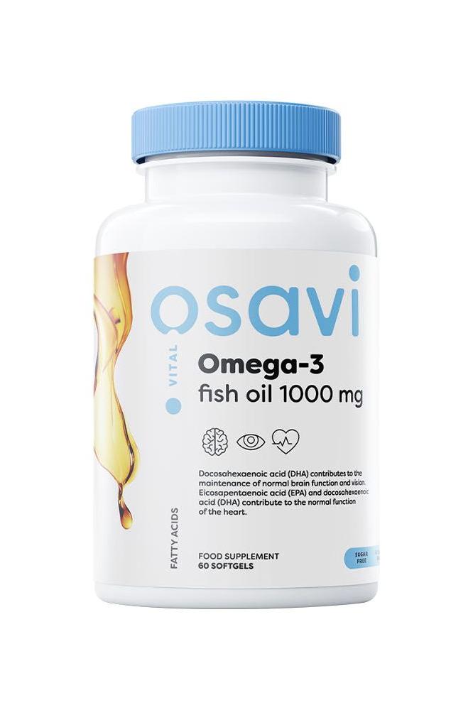Osavi Omega-3 Fish Oil 1000 mg supplement bottle with lemon flavor, 60 softgels for heart and brain health.