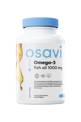 Osavi Omega-3 Fish Oil 1000 mg supplement bottle with lemon flavor, 60 softgels for heart and brain health.