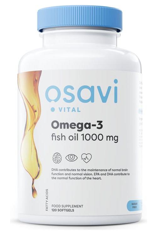 Osavi Omega-3 Fish Oil 1000 mg bottle, food supplement with EPA and DHA for brain and eye health.