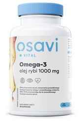 Osavi Omega-3 Fish Oil supplement bottle, 1000 mg, supports heart health and brain function.