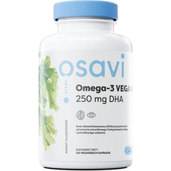 Osavi Omega-3 Vegan supplement bottle with 250 mg DHA for heart and brain health.
