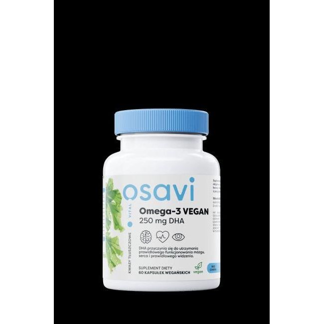 Osavi Omega-3 Vegan supplement bottle, 250 mg DHA for heart, brain, and eye health.