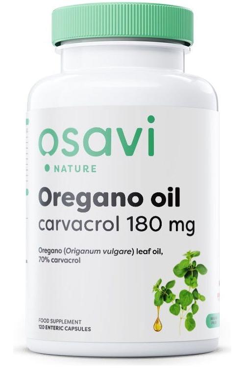 Osavi Oregano Oil Carvacrol supplement bottle, 180 mg, with 70% carvacrol, for health support.