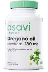 Osavi Oregano Oil Carvacrol supplement bottle, 180 mg, with 70% carvacrol, for health support.
