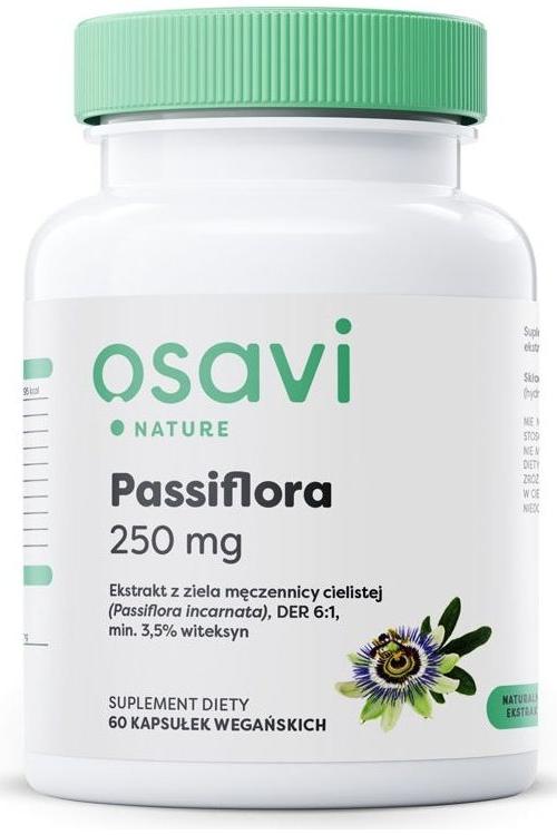 Osavi Passiflora dietary supplement, 250 mg, featuring Passionflower extract in a 60-capsule bottle.