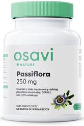 Osavi Passiflora dietary supplement, 250 mg, featuring Passionflower extract in a 60-capsule bottle.