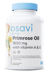 Osavi Primrose Oil bottle with Vitamin A & E, 1800 mg, promoting healthy skin and cellular protection.