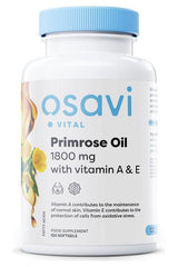 Osavi Primrose Oil bottle showing 1800 mg with Vitamin A & E for healthy skin, 120 softgels.