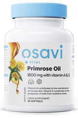 Osavi Primrose Oil with Vitamin A & E, 1800 mg, food supplement in softgel form for skin health and oxidative stress protection.