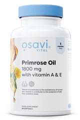 Osavi Primrose Oil with Vitamin A & E, 1800 mg softgels for healthy skin and oxidative stress protection.