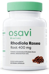 Osavi Rhodiola Rosea supplement bottle containing 60 vegan capsules, each with 400 mg of standardized Rhodiola Rosea extract.