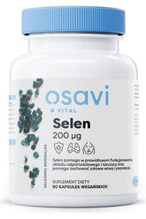 Osavi Selen supplement bottle, 200 µg, promoting hair, nail health, and immune function.