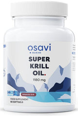 Osavi Super Krill Oil supplement bottle with 1180 mg Antarctic krill oil in softgels.