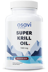 Osavi Super Krill Oil supplement bottle, 120 softgels, rich in omega-3 and phospholipids from Antarctic krill.