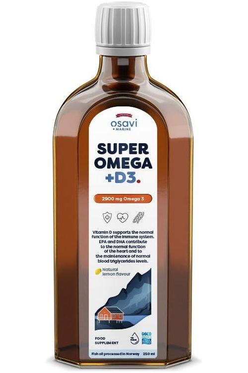 Osavi Super Omega +D3, 2900 mg, dietary supplement with natural lemon flavor in a 250ml bottle.