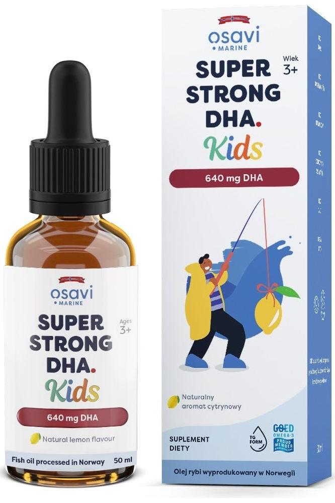 Osavi Super Strong DHA Kids 640mg, 50ml bottle with natural lemon flavor, supports brain development and good vision.
