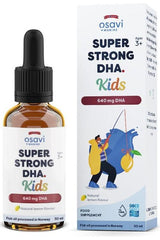 Osavi Super Strong DHA Kids 640mg fish oil with lemon flavor in 50ml bottle focused on child brain health.