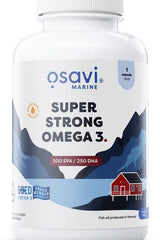 Osavi Super Strong Omega 3 supplement bottle, featuring 500 EPA and 250 DHA, for brain and heart health.